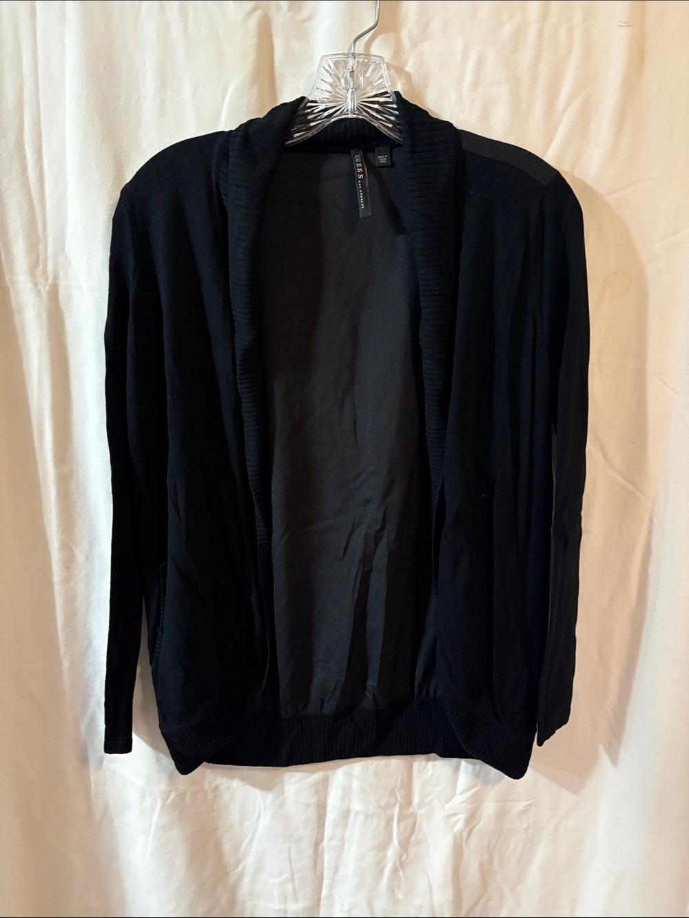 Guess Black Open-Front yWomen's Cardigan Sweater Collared Long Sleeves